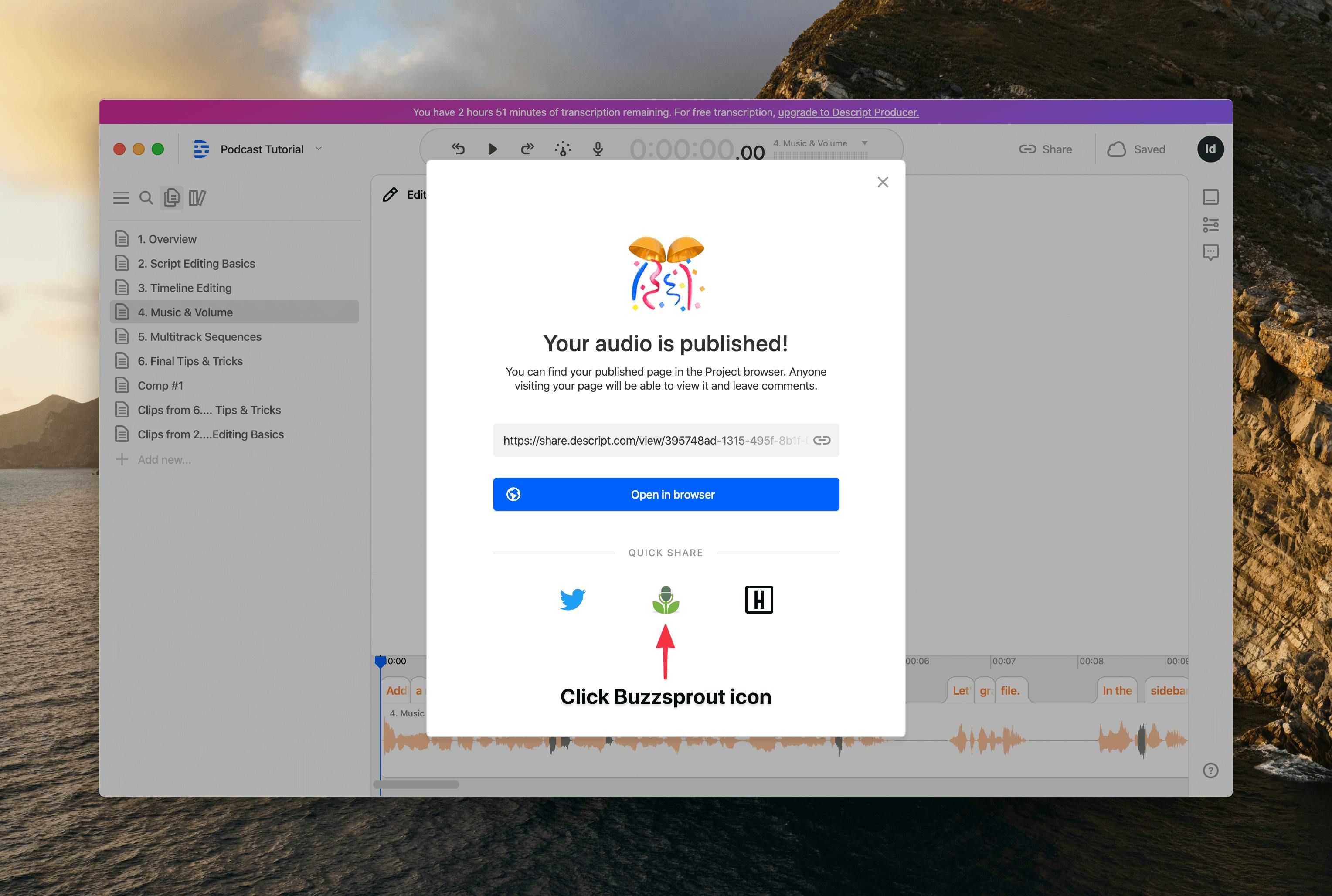 Descript's publish window with red arrow pointing to Buzzsprout icon