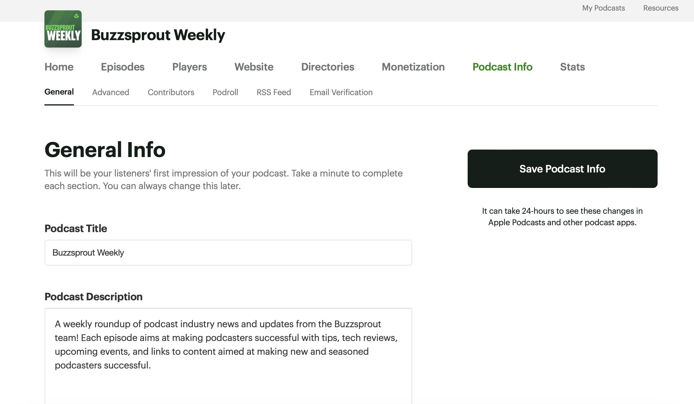 Podcast Info page in Buzzsprout Account