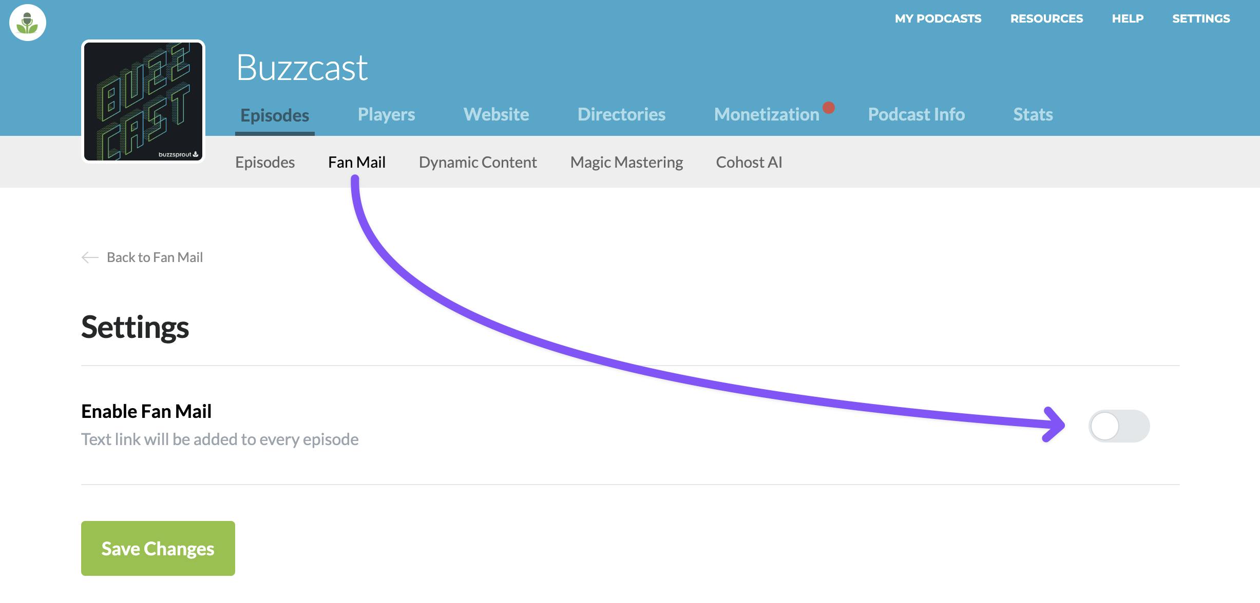Turning on Fan Mail in Buzzsprout